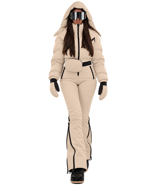 Women's Beige Ski Jumpsuit – Premium Insulated One-Piece Snowsuit with Puffer Jacket Top, Fitted Ski Pants and Matching Waist Bag