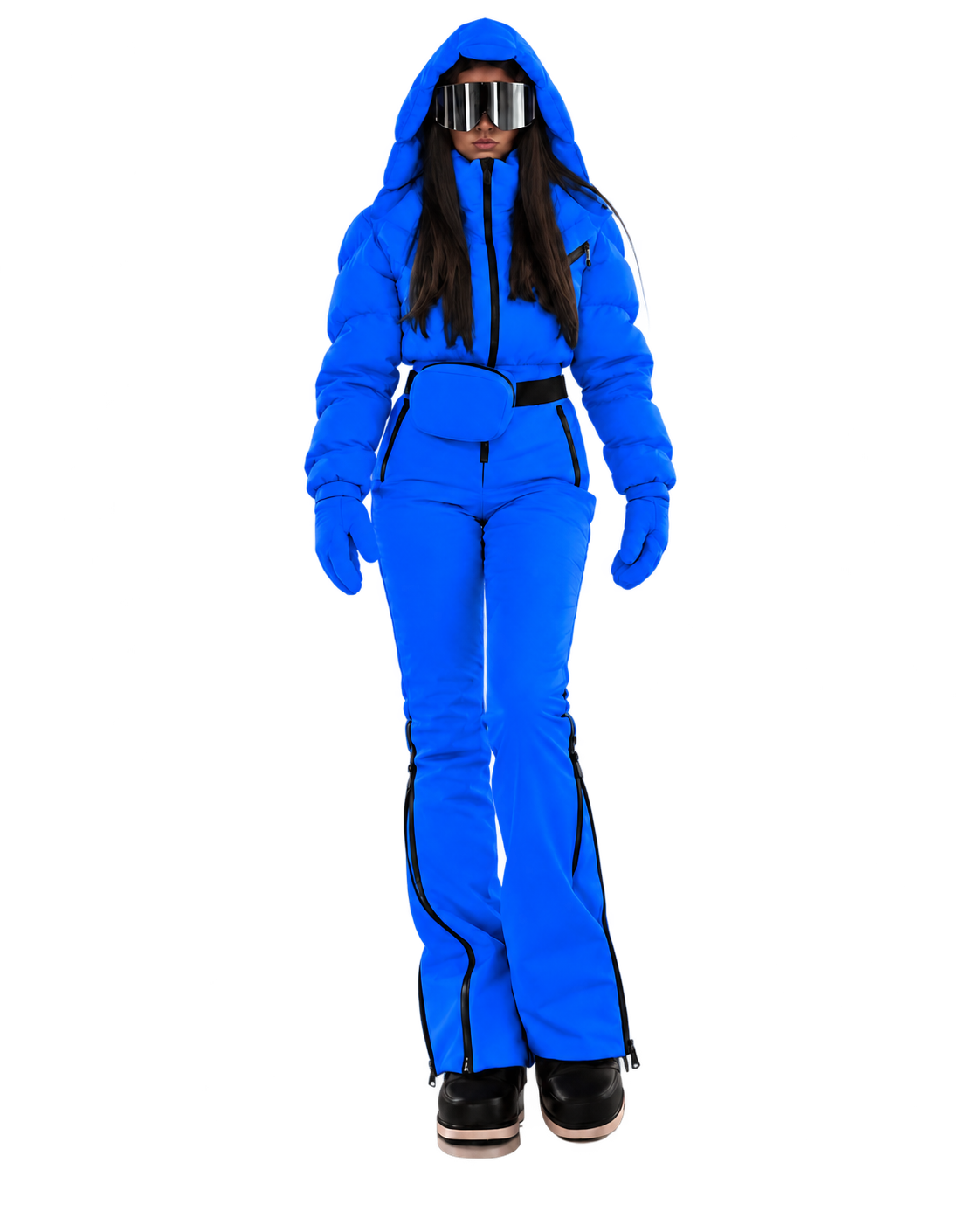 Women's Electric Blue Ski Jumpsuit – Premium Insulated One-Piece Snowsuit with Puffer Jacket Top, Fitted Ski Pants and Matching Waist Bag