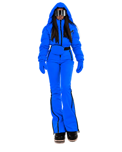 Women's Electric Blue Ski Jumpsuit – Premium Insulated One-Piece Snowsuit with Puffer Jacket Top, Fitted Ski Pants and Matching Waist Bag