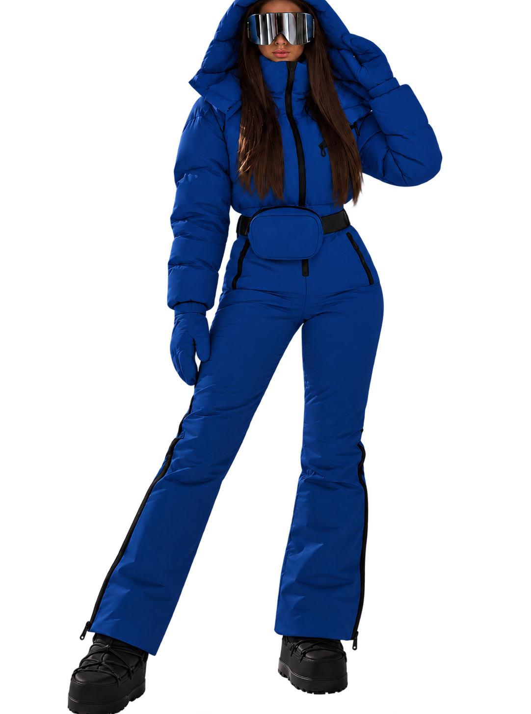 Women's Dark Blue Ski Jumpsuit – Premium Insulated One-Piece Snowsuit with Puffer Jacket Top, Fitted Ski Pants and Matching Waist Bag