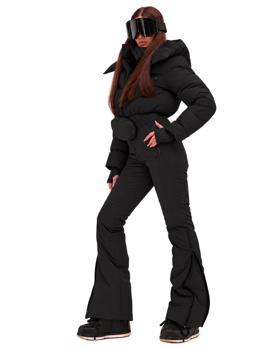Women's Black Ski Jumpsuit – Premium Insulated One-Piece Snowsuit with Puffer Jacket Top, Fitted Ski Pants and Matching Waist Bag