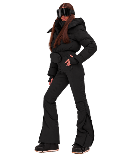 Women's Black Ski Jumpsuit – Premium Insulated One-Piece Snowsuit with Puffer Jacket Top, Fitted Ski Pants and Matching Waist Bag