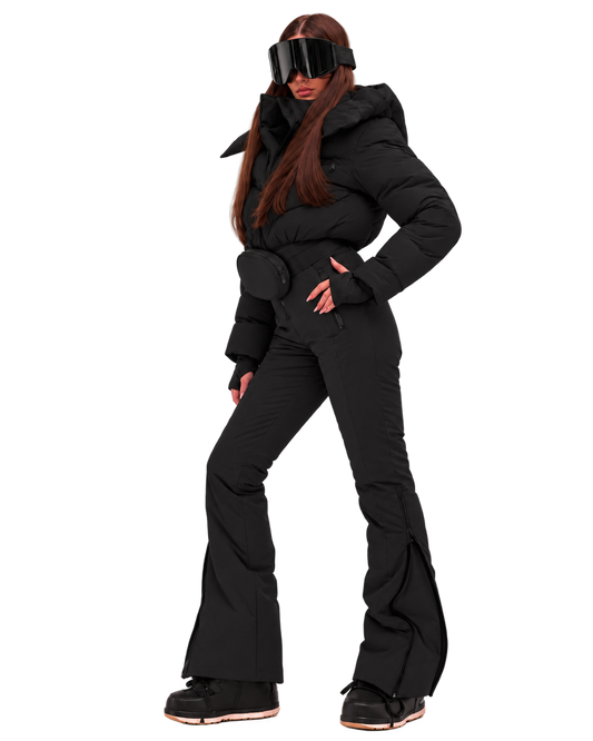 Women's Black Ski Jumpsuit – Premium Insulated One-Piece Snowsuit with Puffer Jacket Top, Fitted Ski Pants and Matching Waist Bag