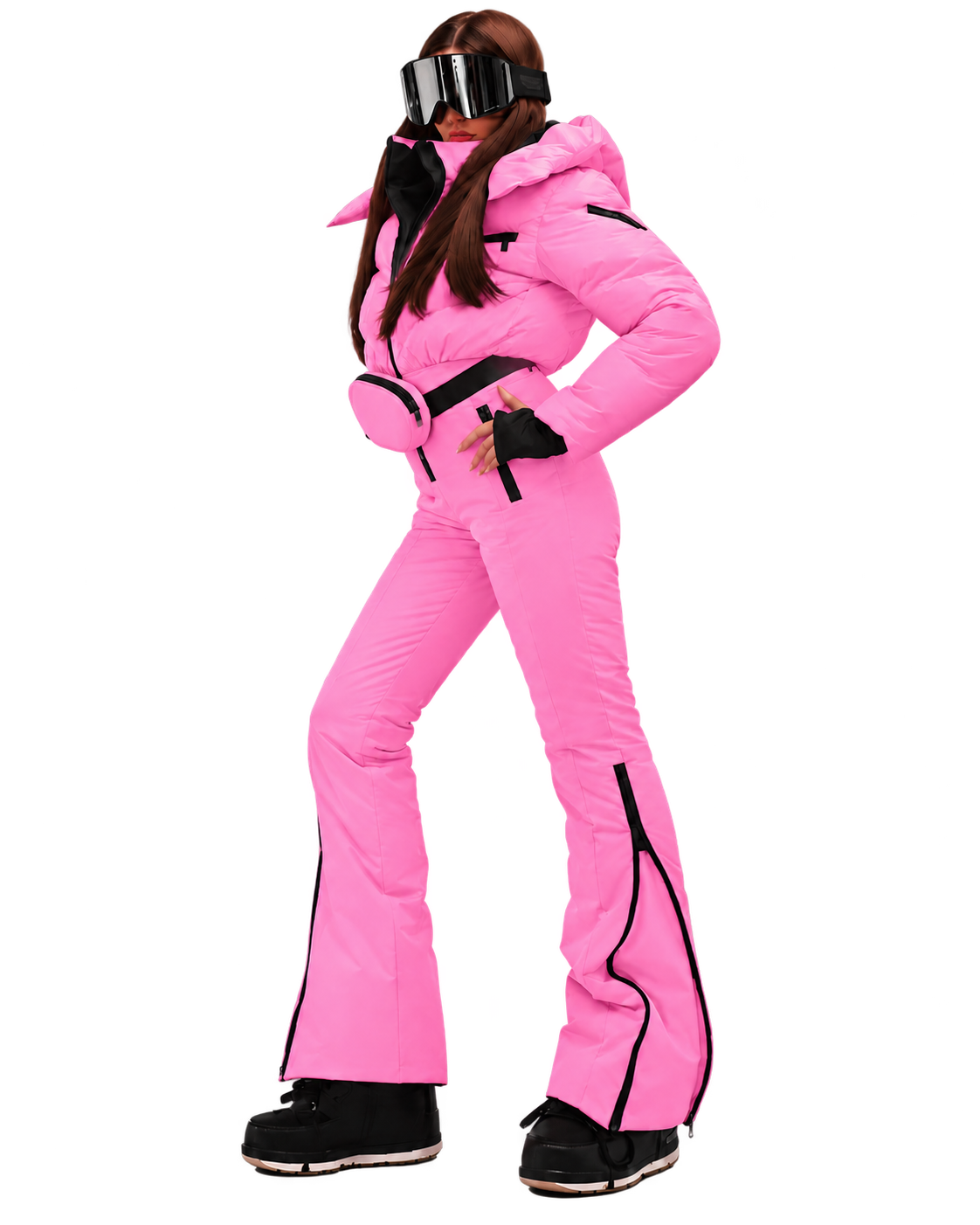 Women's Barbie Pink Ski Jumpsuit – Premium Insulated One-Piece Snowsuit with Puffer Jacket Top, Fitted Ski Pants and Matching Waist Bag