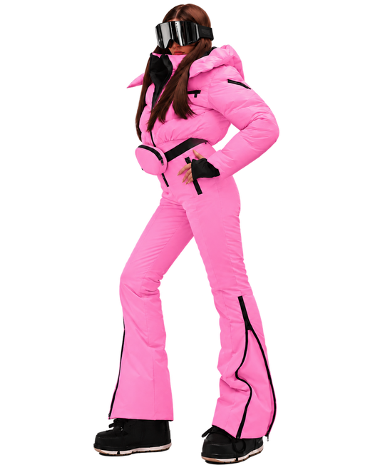 Women's Barbie Pink Ski Jumpsuit – Premium Insulated One-Piece Snowsuit with Puffer Jacket Top, Fitted Ski Pants and Matching Waist Bag