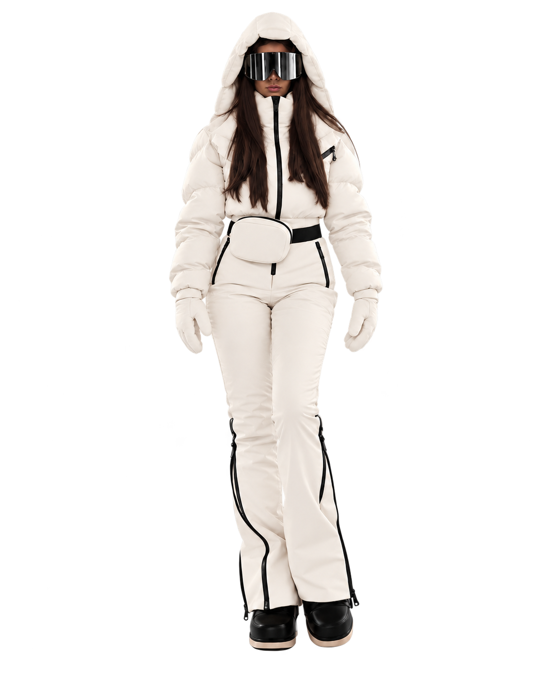 Women's Milky White Ski Jumpsuit – Premium Insulated One-Piece Snowsuit with Puffer Jacket Top, Fitted Ski Pants and Matching Waist Bag