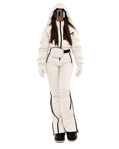 Women's Milky White Ski Jumpsuit – Premium Insulated One-Piece Snowsuit with Puffer Jacket Top, Fitted Ski Pants and Matching Waist Bag