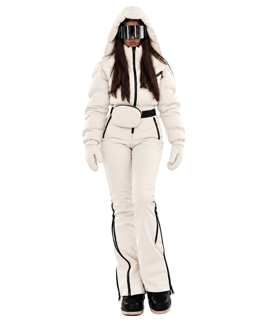 Women's Milky White Ski Jumpsuit – Premium Insulated One-Piece Snowsuit with Puffer Jacket Top, Fitted Ski Pants and Matching Waist Bag
