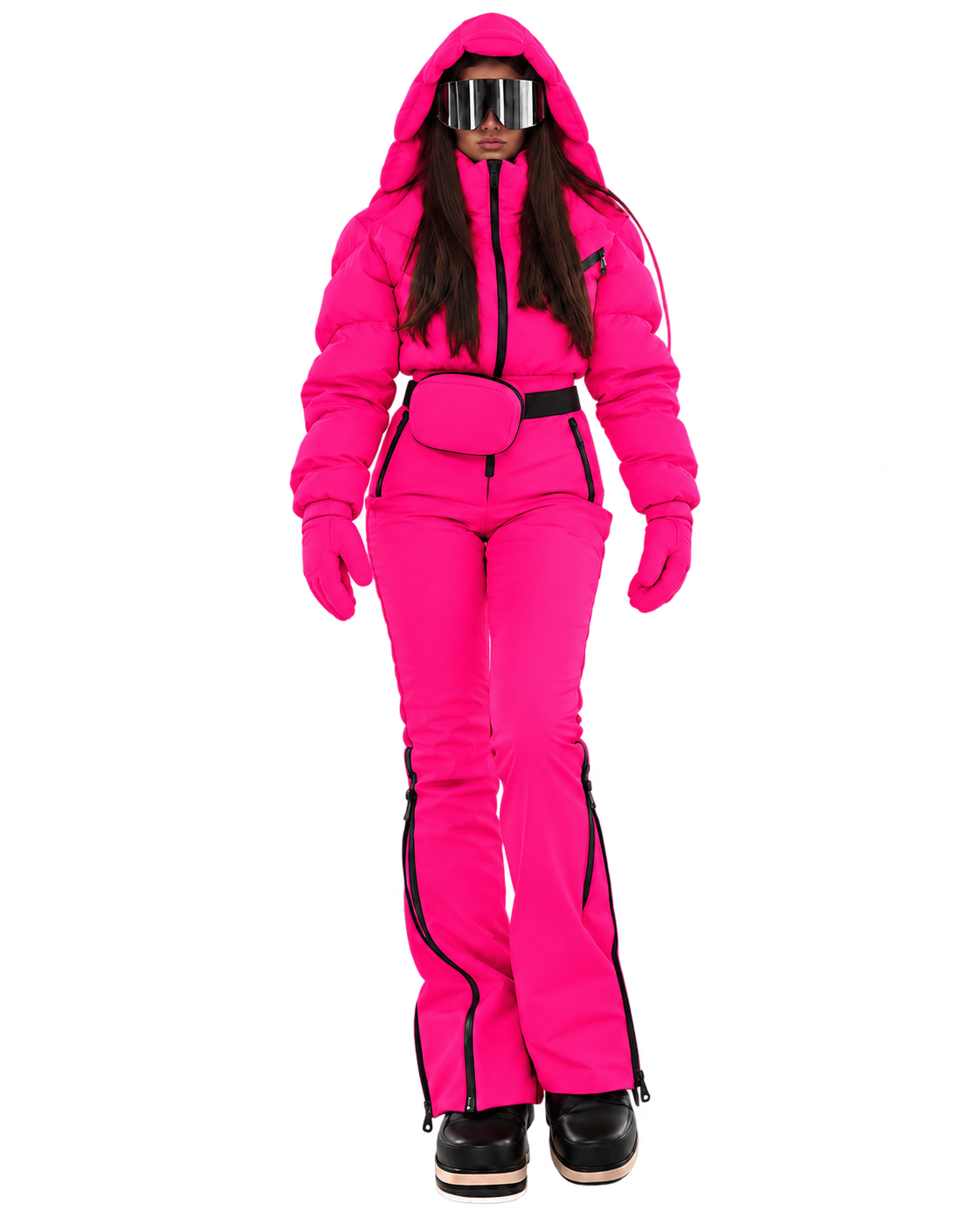 Women's Raspberry Pink Ski Jumpsuit – Premium Insulated One-Piece Snowsuit with Puffer Jacket Top, Fitted Ski Pants and Matching Waist Bag