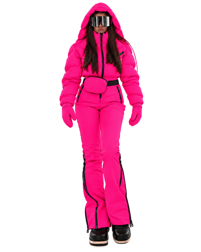 Women's Raspberry Pink Ski Jumpsuit – Premium Insulated One-Piece Snowsuit with Puffer Jacket Top, Fitted Ski Pants and Matching Waist Bag