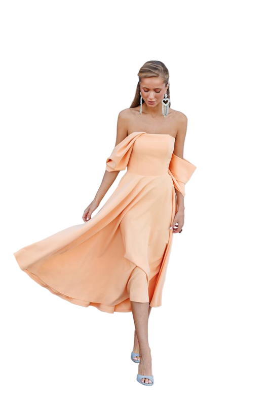 Carrot Off Shoulder Strapless Midi Dress Diagonal Crepe Elegant Cocktail Dress