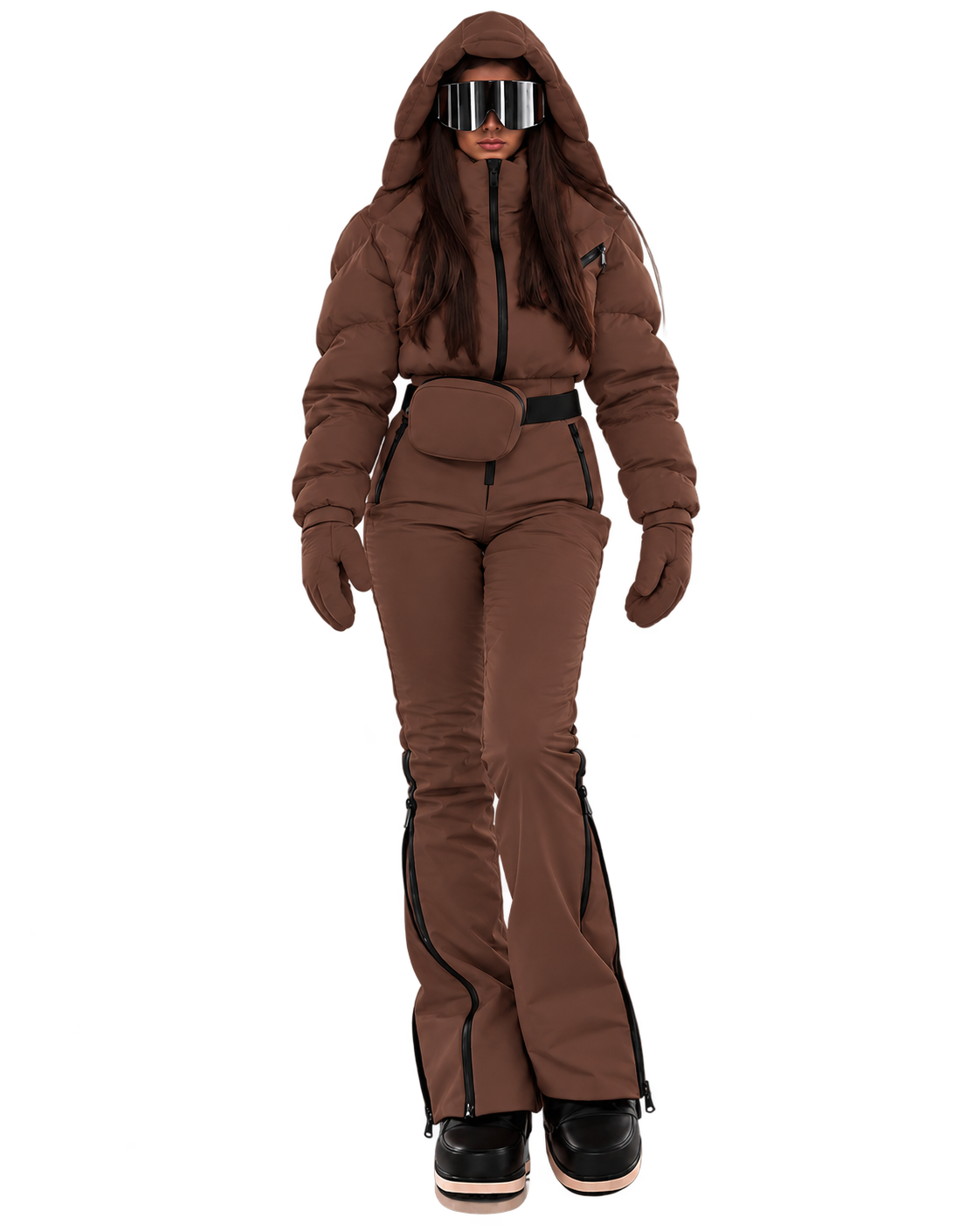 Women's Chocolate Brown Ski Jumpsuit – Premium Insulated One-Piece Snowsuit with Puffer Jacket Top, Fitted Ski Pants and Matching Waist Bag