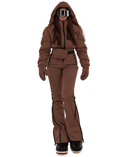 Women's Chocolate Brown Ski Jumpsuit – Premium Insulated One-Piece Snowsuit with Puffer Jacket Top, Fitted Ski Pants and Matching Waist Bag