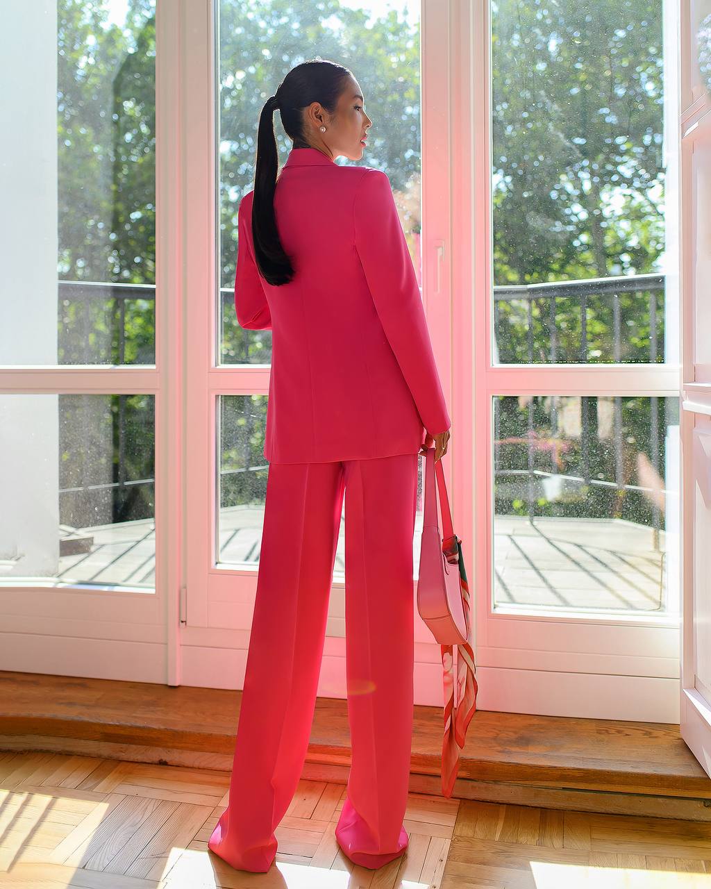 Prom Bridal Wedding Cocktail Graduation Pink Three-Piece Women Suit Jacket Top Trousers Pantsuit Palazzo Pants