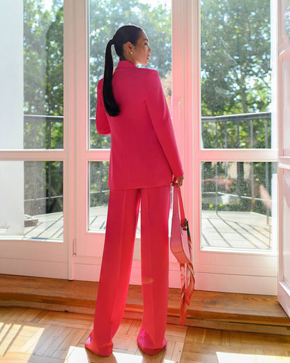Prom Bridal Wedding Cocktail Graduation Pink Three-Piece Women Suit Jacket Top Trousers Pantsuit Palazzo Pants