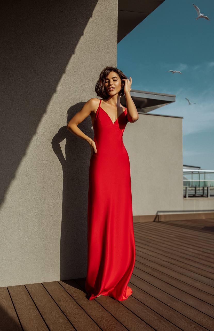 Woman in a red dress standing on a rooftop with a clear sky.
