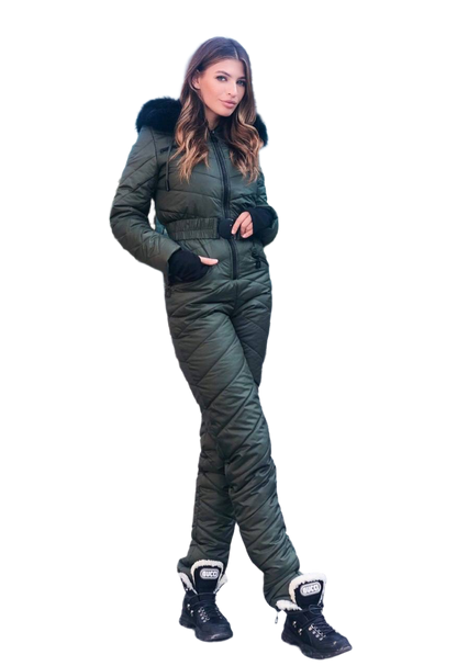 Insulated Women's Ski Jumpsuit with Natural Fox Fur Hood in Olive Green