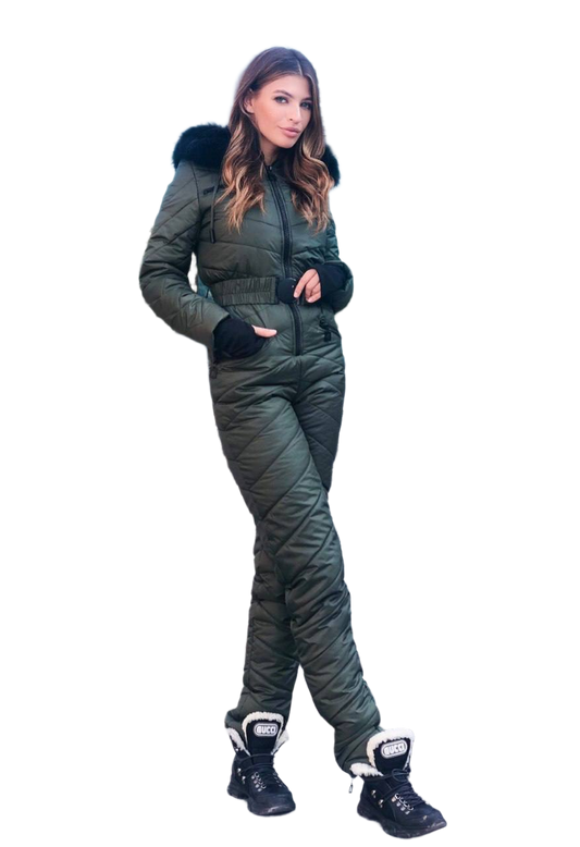 Insulated Women's Ski Jumpsuit with Natural Fox Fur Hood in Olive Green