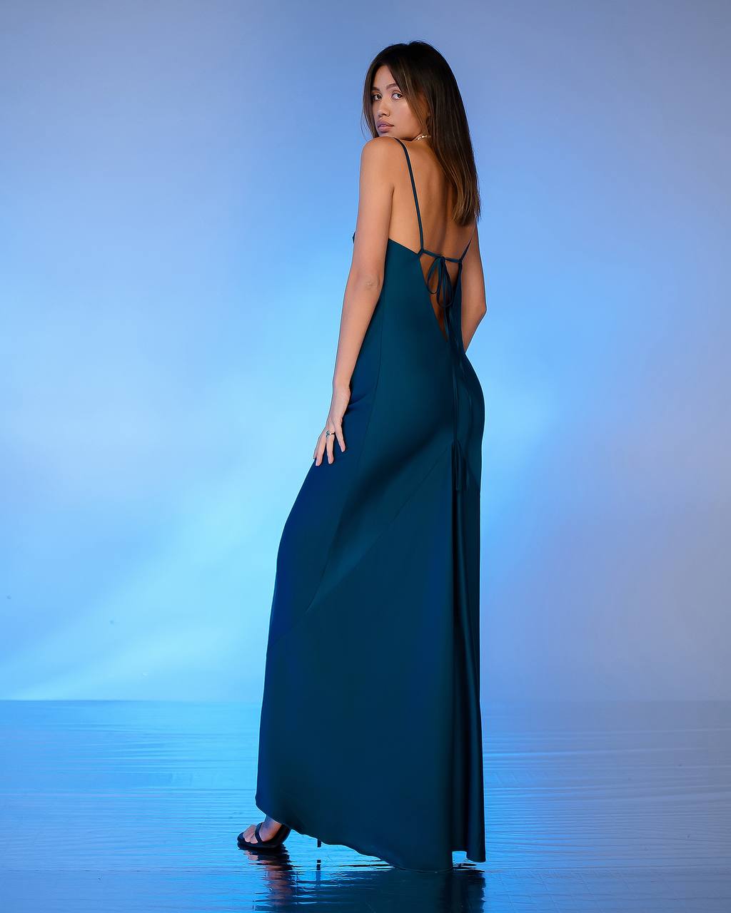 Long Satin Dress Slip for Women in Blue Premium Pandora Fabric