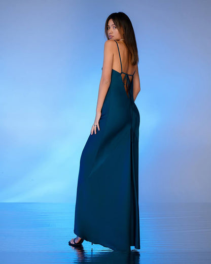 Long Satin Dress Slip for Women in Blue Premium Pandora Fabric