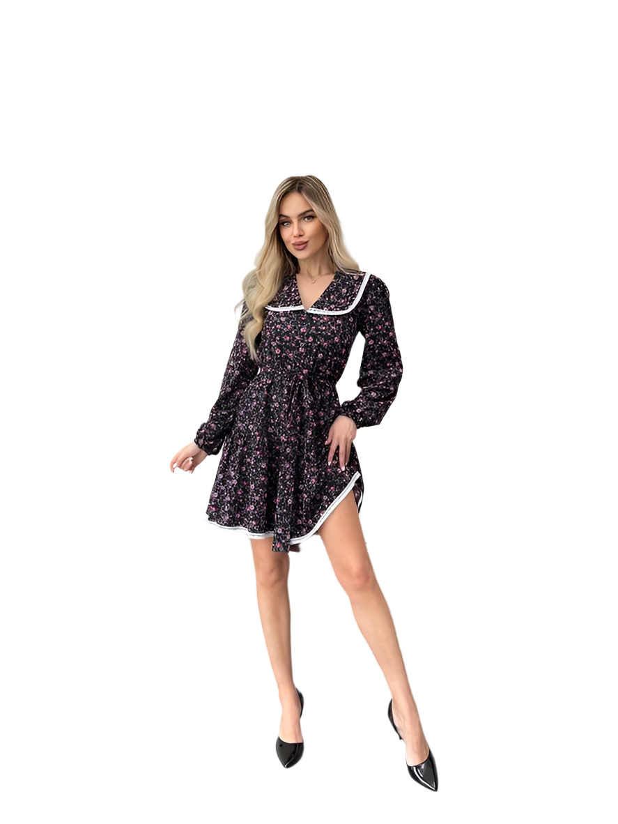 Black Floral Print Dress with Elastic Waist and Belt Included