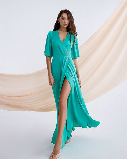 Elegant Long Sleeve Silk Dress with Pockets in Green, Beige, or Graphite for Special Occasions