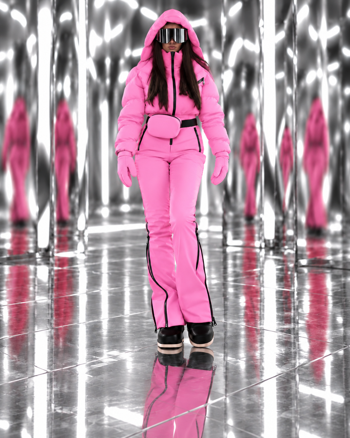 Women's Barbie Pink Ski Jumpsuit – Premium Insulated One-Piece Snowsuit with Puffer Jacket Top, Fitted Ski Pants and Matching Waist Bag