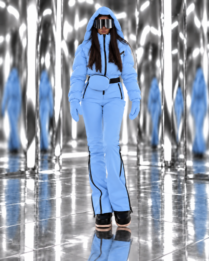 Women's Light Blue Ski Jumpsuit – Premium Insulated One-Piece Snowsuit with Puffer Jacket Top, Fitted Ski Pants and Matching Waist Bag