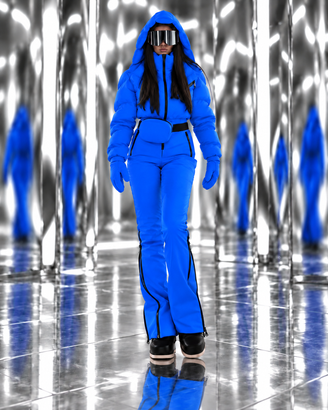 Women's Electric Blue Ski Jumpsuit – Premium Insulated One-Piece Snowsuit with Puffer Jacket Top, Fitted Ski Pants and Matching Waist Bag