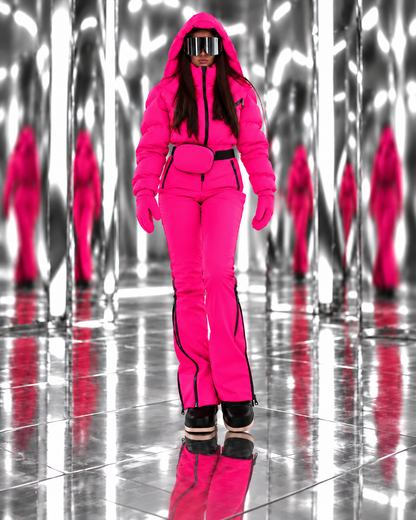 Women's Raspberry Pink Ski Jumpsuit – Premium Insulated One-Piece Snowsuit with Puffer Jacket Top, Fitted Ski Pants and Matching Waist Bag