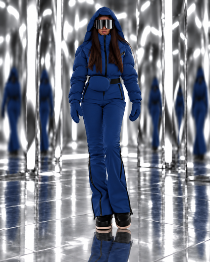 Women's Dark Blue Ski Jumpsuit – Premium Insulated One-Piece Snowsuit with Puffer Jacket Top, Fitted Ski Pants and Matching Waist Bag