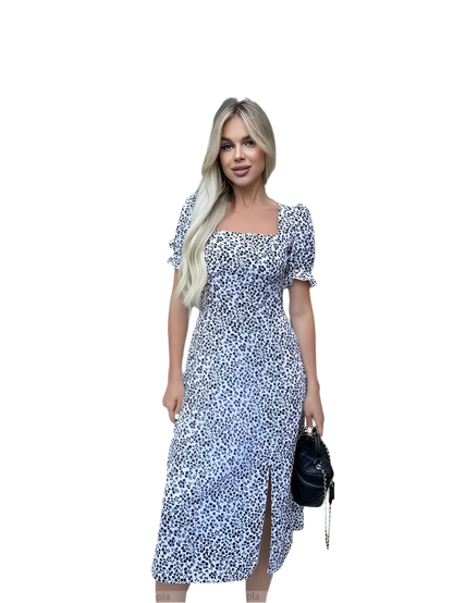 Light Soft Floral Summer Dress with Square Neck and Side Slit