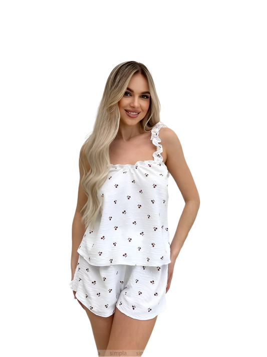 Women White Summer Pajamas Set with Cherry Print and Ruffled Strap