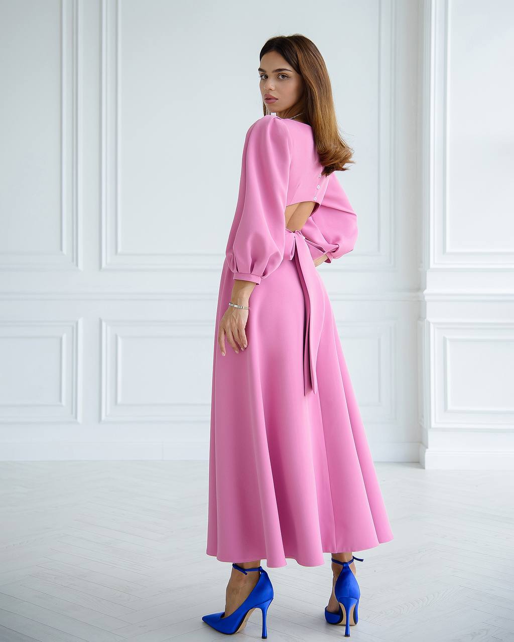 Elegant Midi Dress in Premium Diagonal Suiting Crepe with Puff Sleeves and Back Cutout