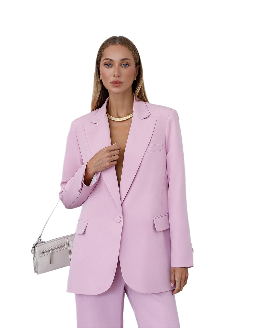 Woman wearing a pink suit with a white background