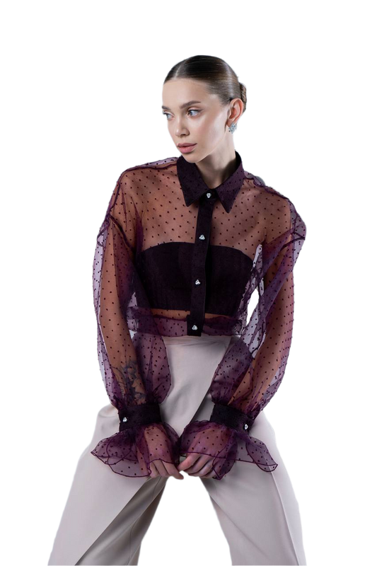 Elegant Purple Organza Women's Shirt Sheer Polka Dot Design