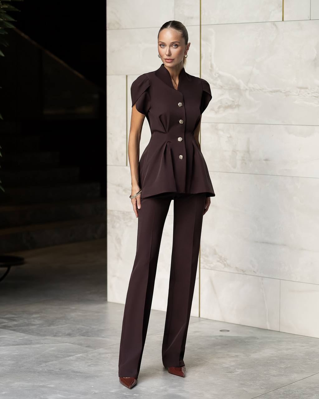 Womens Tailored Suit Set with Button Front Top and Wide Leg Trousers