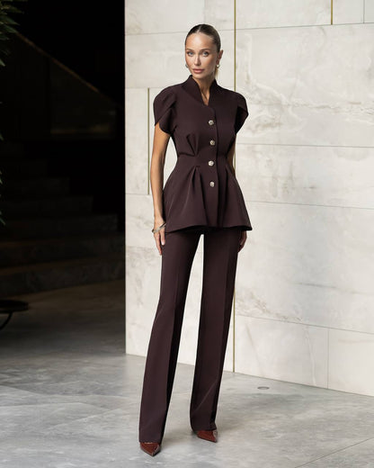 Womens Tailored Suit Set with Button Front Top and Wide Leg Trousers