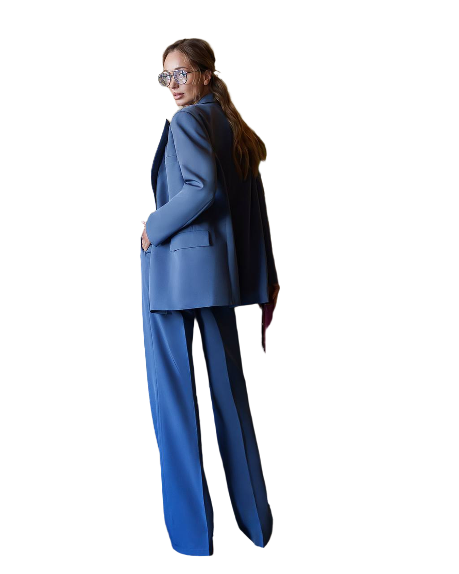 Woman wearing a blue suit on a white background