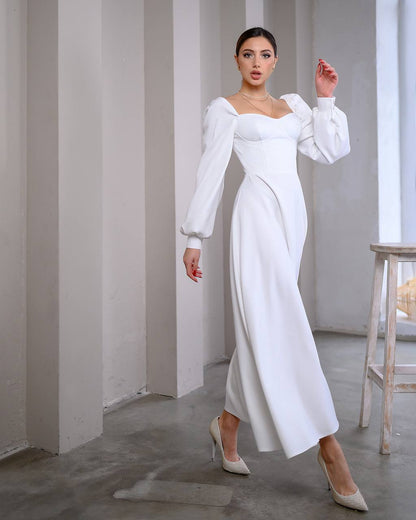 White Midi Dress with Cups and Long Puff Sleeves for Women