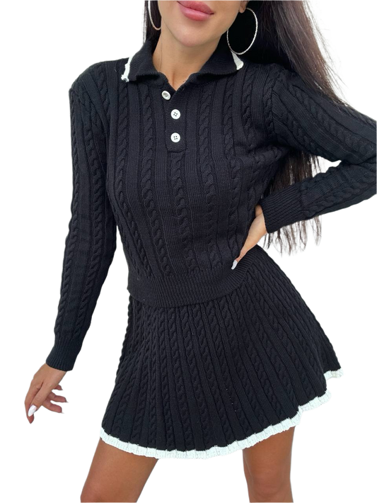 Womens Black Knitted Suit Two Piece Top and Skirt Set