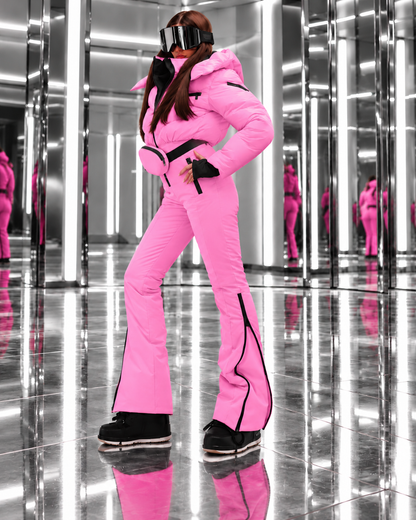 Women's Barbie Pink Ski Jumpsuit – Premium Insulated One-Piece Snowsuit with Puffer Jacket Top, Fitted Ski Pants and Matching Waist Bag
