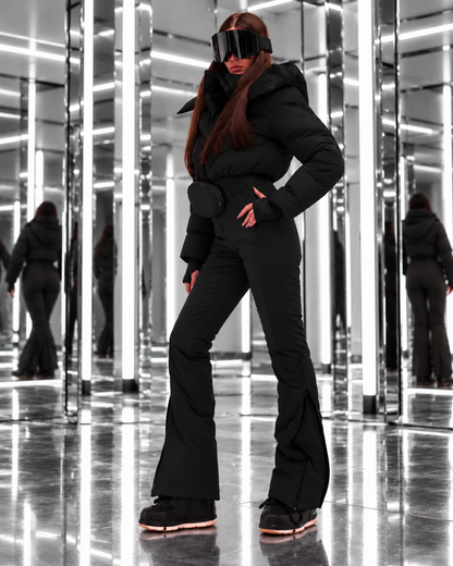 Women's Black Ski Jumpsuit – Premium Insulated One-Piece Snowsuit with Puffer Jacket Top, Fitted Ski Pants and Matching Waist Bag