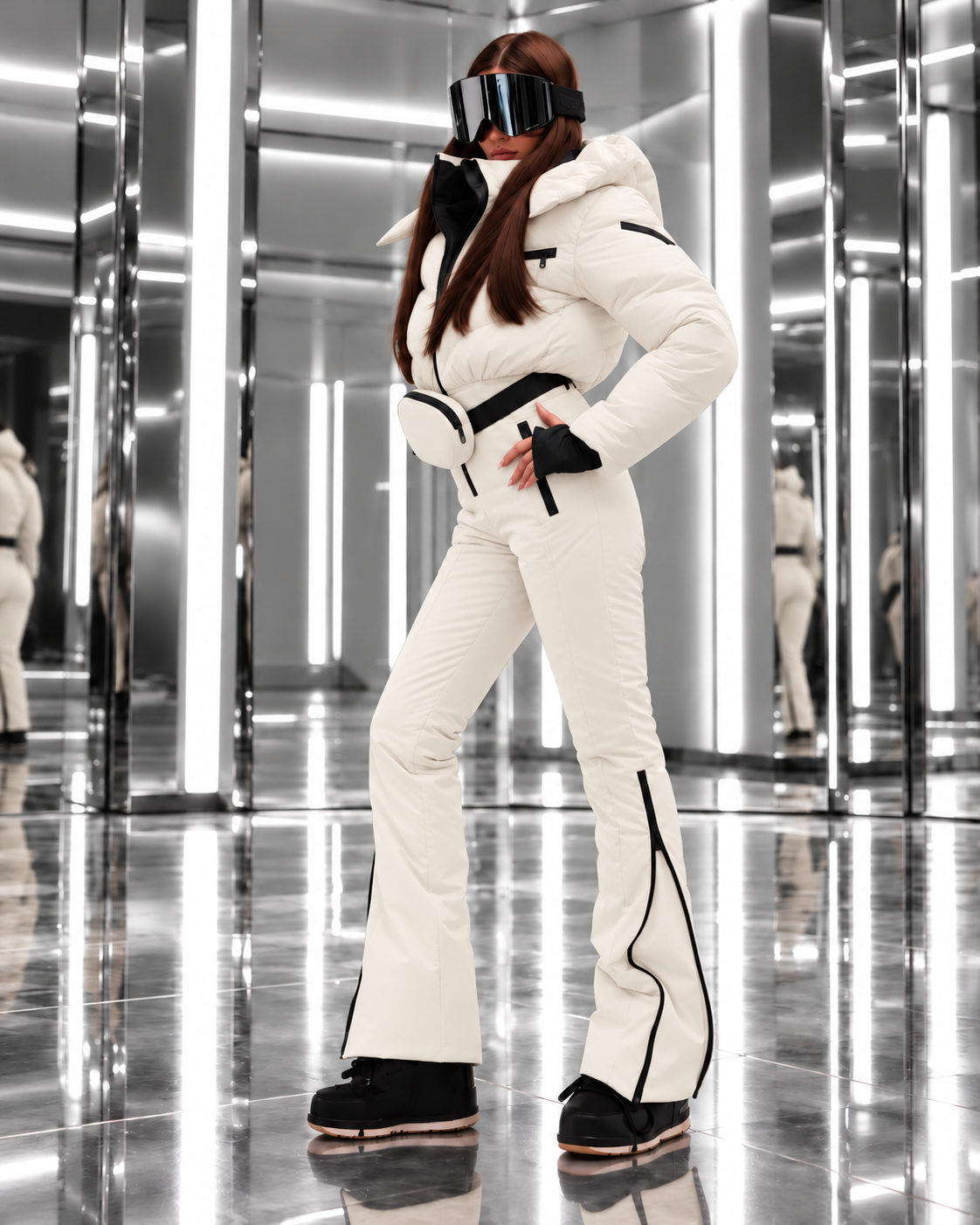 Women's Milky White Ski Jumpsuit – Premium Insulated One-Piece Snowsuit with Puffer Jacket Top, Fitted Ski Pants and Matching Waist Bag