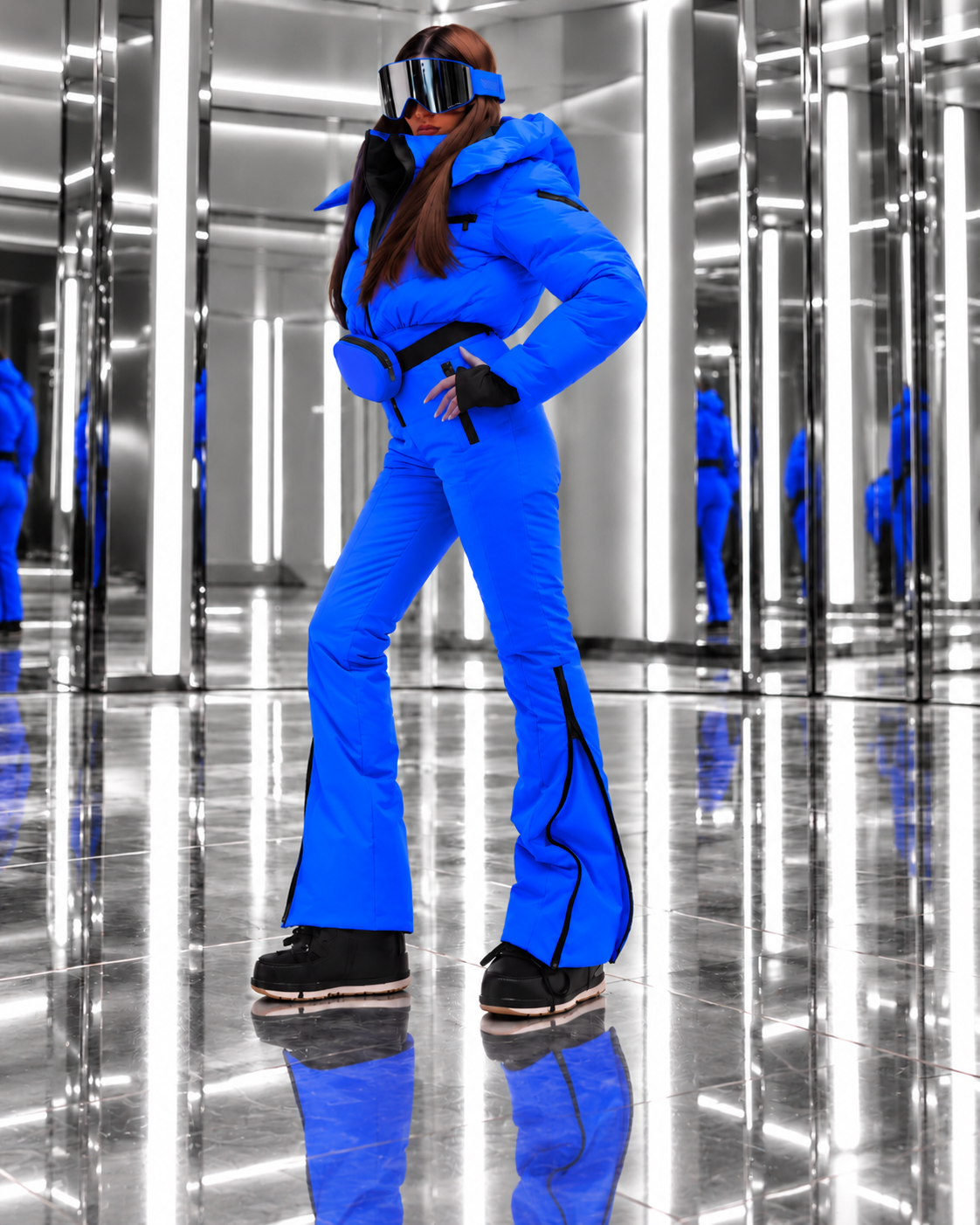Women's Electric Blue Ski Jumpsuit – Premium Insulated One-Piece Snowsuit with Puffer Jacket Top, Fitted Ski Pants and Matching Waist Bag