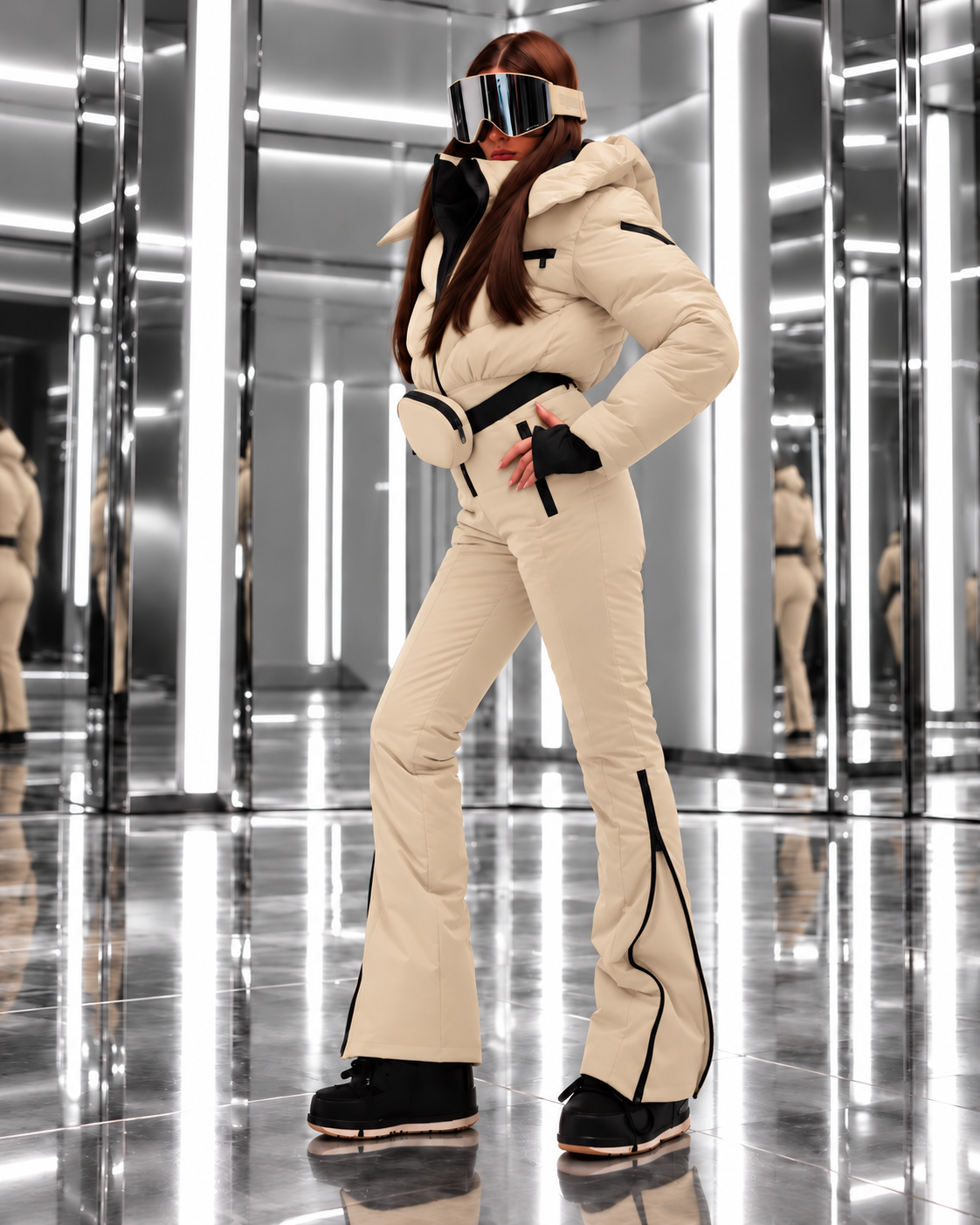 Women's Beige Ski Jumpsuit – Premium Insulated One-Piece Snowsuit with Puffer Jacket Top, Fitted Ski Pants and Matching Waist Bag