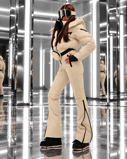 Women's Beige Ski Jumpsuit – Premium Insulated One-Piece Snowsuit with Puffer Jacket Top, Fitted Ski Pants and Matching Waist Bag