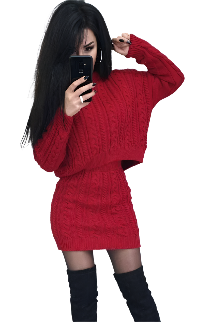Womens Knitted Red Sweater and Skirt Set Wool Acrylic