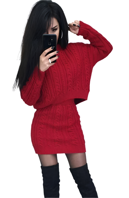 Womens Knitted Red Sweater and Skirt Set Wool Acrylic