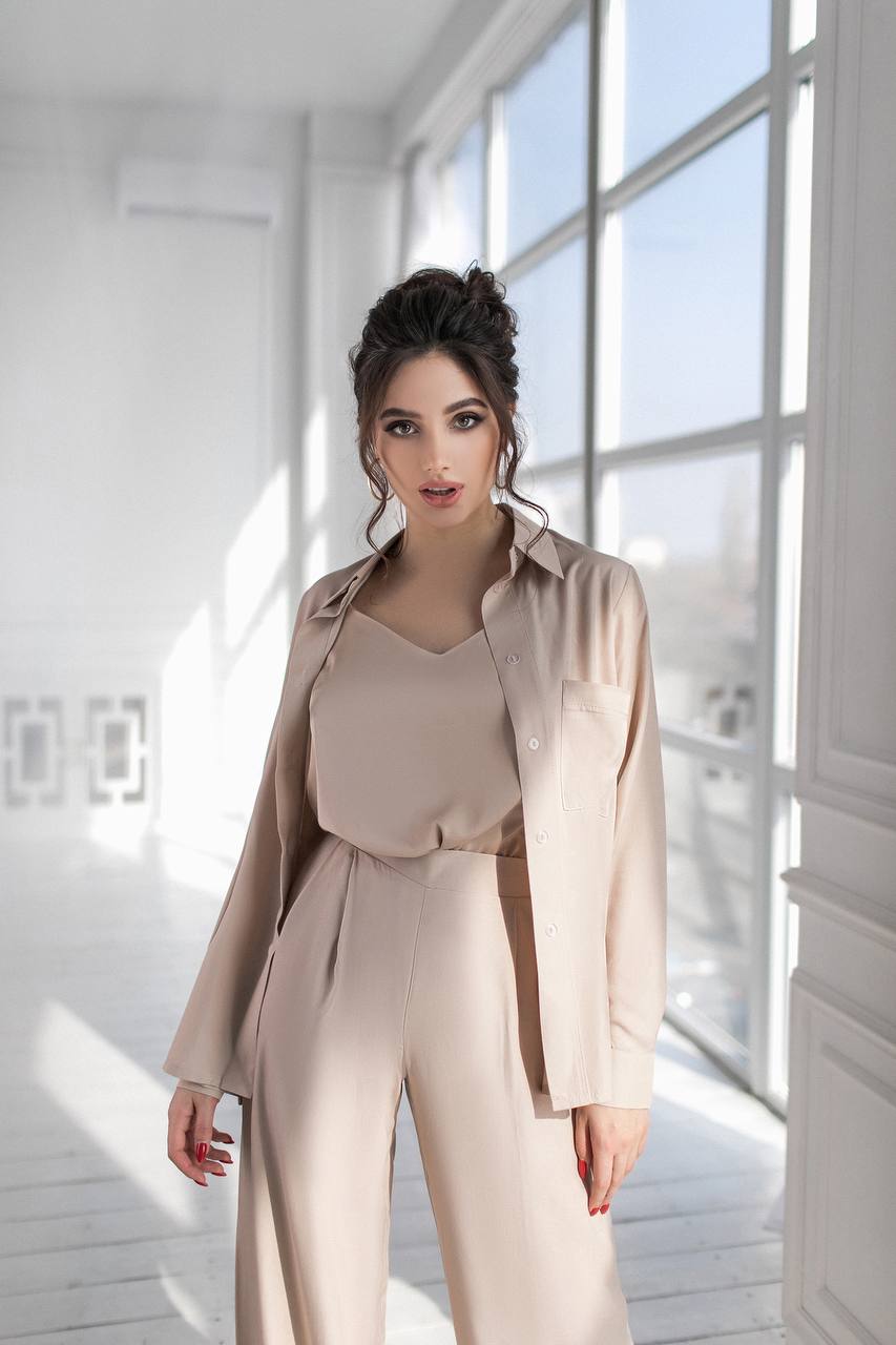 Womens Viscose Twill Suit Shirt and Elastic Waistband Pants